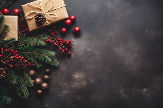 christmas fir branches, presents and balls on a dark background