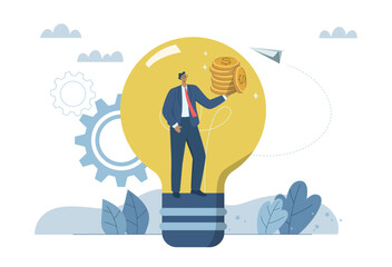 New creative ideas or new business innovations, Creativity ideas for generating income and returns or inspiration achieve to goal, Businessman in a light bulb with huge profits. Vector illustartion.