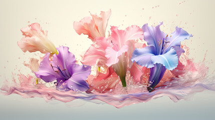  a group of flowers with water splashing on them on a white background.  generative ai