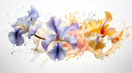  a bunch of flowers that are on a white surface with paint splatters. generative ai