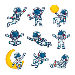 set of cartoon astronauts isolated on white background. Doodle style, elements for book, magazines. Coloring page. © Alina