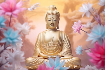 golden buddha and Pattern of spring and summer colors 