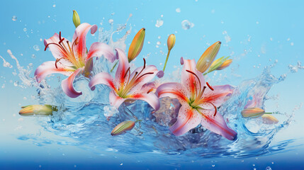 Fototapeta na wymiar a group of pink lilies splashing into the water. generative ai