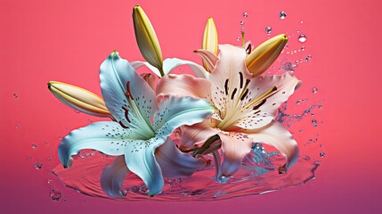  a group of flowers floating in water on a pink background.  generative ai