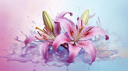  a pink flower with water splashing around it on a blue and pink background.  generative ai