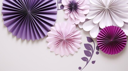 Colored paper lilac purple decorations in the form of a round fan for a children's holiday party or wedding photo shoot on a white isolated background
