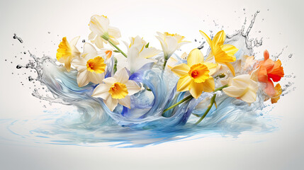  a bunch of flowers that are in the water with splashes.  generative ai