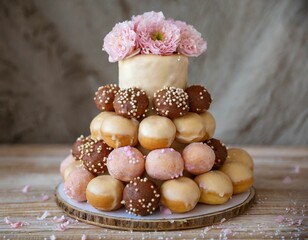 the two levels of cake have been covered with flowers and donuts