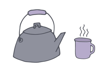 Obraz premium Vector Tea Kettle and Mug with Hot Drink. Old Metal Teapot and Cup Camping. Kitchen Utensil. Colorful Doodle Drawing