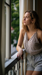 Introspective Woman Gazing Out From A Balcony  , Background Image, Best Phone Wallpapers