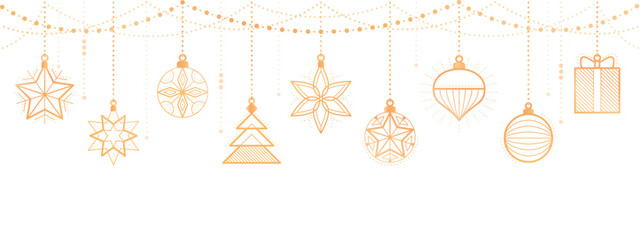 Christmas and Happy New Year banner with hanging luxury golden decorations, copy space