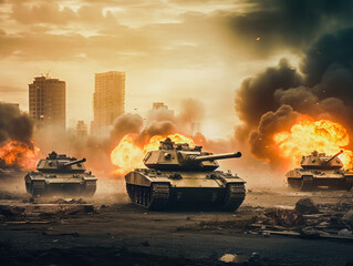 A group of main battle tanks against the backdrop of a burning city. . Military or army special operation.  - obrazy, fototapety, plakaty