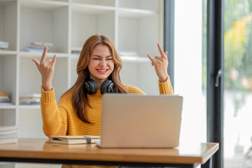 Asian girl student online learning class study online video call zoom teacher, Happy asian girl...