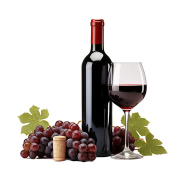red wine bottle  with a glass wine and grapes on transparent background, png  wine bottle
