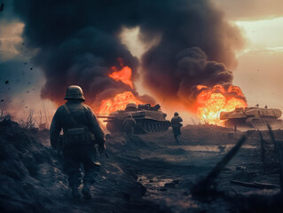 Soldiers on the battlefield. War environment with burning flames and explosion. The troops are attacking.  - obrazy, fototapety, plakaty