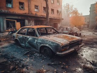 Destruction of the city, ruins, burnt car. Consequences of the war. 