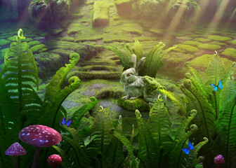 maze garden with rabbit and mushrooms in wonderland
