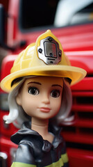 Fototapeta premium Plastic Doll Portrait With A Toy Firefighters Hat, Background Image, Best Phone Wallpapers