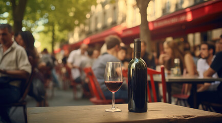 Generative AI, glass of wine and bottle on wooden table with blur background with lights of street bar, cafe, coffee shop or restaurant, wine mock up - obrazy, fototapety, plakaty
