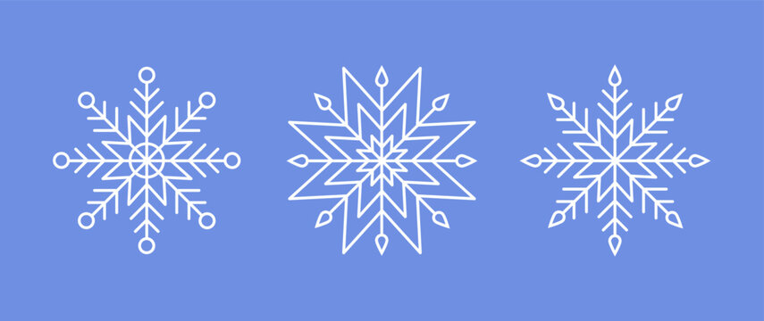 White Snowflakes on blue background. Vector Winter isolated icons in silhouette. Snow Cristals. Simple Line Style