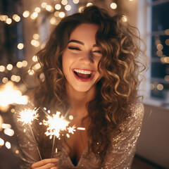 blissful curly woman with sparklers enjoying christmas time. indoor photo of laughing pretty girl...