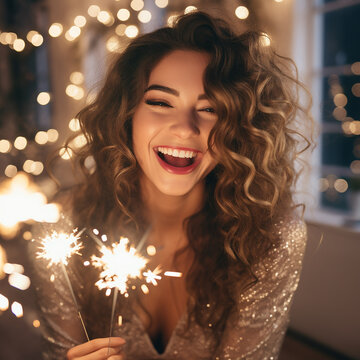 blissful curly woman with sparklers enjoying christmas time. indoor photo of laughing pretty girl with ben