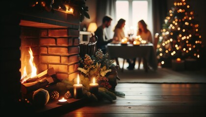 Cozy Evening by the Fireplace: Intimate Family Christmas Dinner Illuminated by Tree Lights and Candle Glow, Creating Memories in a Festive Home Setting