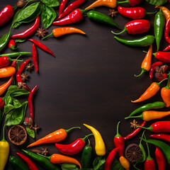 top view arrangement of chili peppers, space copy text