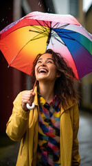 Playful Woman With A Colorful Umbrella In The Rain, Background Image, Best Phone Wallpapers