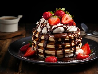 AI generated illustration of pancakes covered in strawberry and chocolate sauce with whipped cream