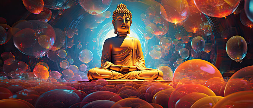 Glowing Golden Buddha In The Colorful Light Of Chakra