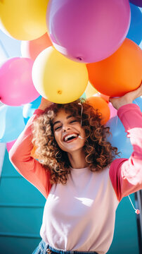 Playful Woman Holding Colorful Balloons Lively  , Background Image, Best Phone Wallpapers