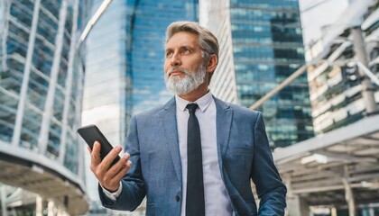 Older professional business man, serious senior 60 years old businessman holding smartphone using mobile cell phone technology and thinking standing outdoor in big city office district