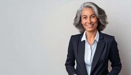 Smiling beautiful mature business woman standing isolated on white background. Older senior businesswoman, 60s grey haired lady professional coach looking at camera, close up face headshot portrait