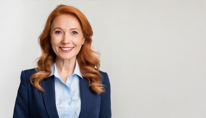 Smiling beautiful mature business woman standing isolated on white background. Older senior businesswoman, 60s grey haired lady professional coach looking at camera, close up face headshot portrait