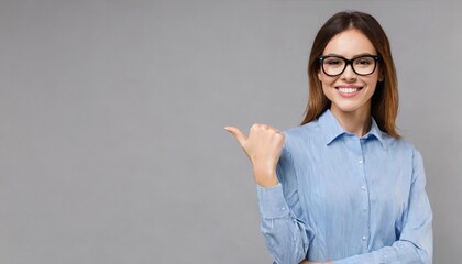 Happy young smiling professional business woman wearing blue shirt looking at camera pointing finger away at copy space showing aside presenting advertising offer standing isolated at gray background