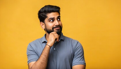 Thoughtful bearded indian man holding hand on chin looking interested aside at copy space isolated on yellow background thinking of new job opportunities, having doubt question or deciding concept