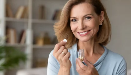 Fotobehang Closeup portrait of happy middle aged 50s woman holding pill taking dietary supplements. Portrait of smiling adult attractive woman taking collagen vitamins health in menopause © Marko