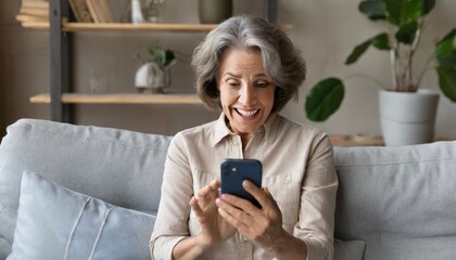 Amazed happy mature older 60s woman, excited customer holding smartphone using mobile app feeling great positive surprise reaction receiving gift reading sms on cell phone sitting on couch at home - obrazy, fototapety, plakaty