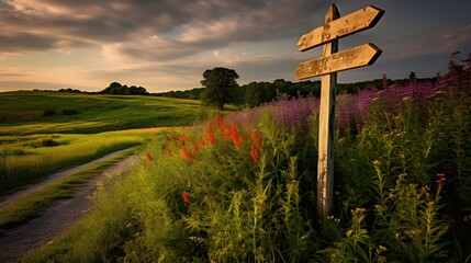 A rustic road sign nestled in a field of wildflowers, lighting: the serene light of late afternoon