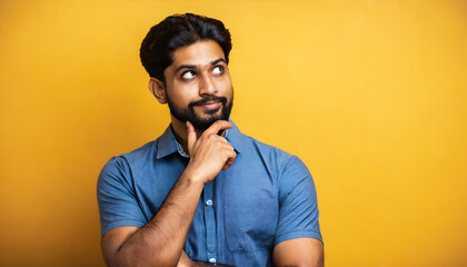 Thoughtful bearded indian man holding hand on chin looking interested aside at copy space isolated on yellow background thinking of new job opportunities, having doubt question or deciding concept