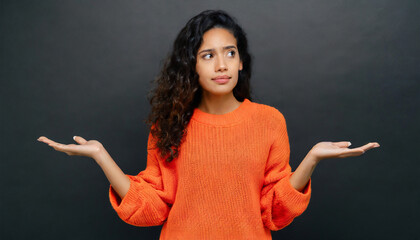 Young confused puzzled latin professional woman, doubtful uncertain hispanic female model student wearing orange sweater standing shrugging thinking of difficult choice isolated 