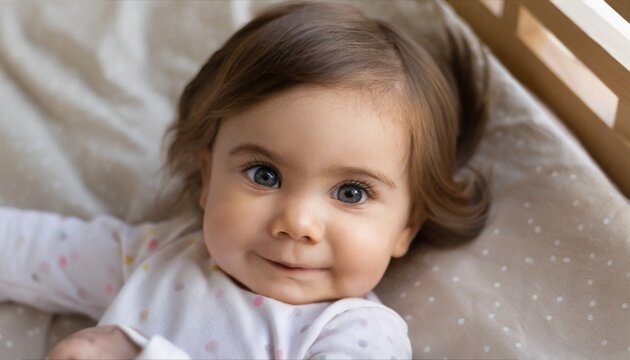 Happy healthy playful little cute adorable baby girl lying on comfortable bed or crib soft sheet. Smiling small sweet funny mixed race infant child laughing at home