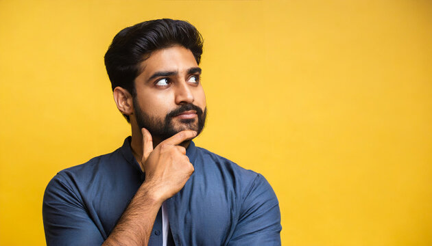 Thoughtful bearded indian man holding hand on chin looking interested aside at copy space isolated on yellow background thinking of new job opportunities, having doubt question or deciding concept