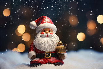 Santa Claus Doll in Snowy Wonderland with Bokeh Lights