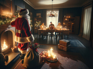 Fototapeta premium A magical Christmas moment: Santa Claus sneaking into a warmly lit room, delivering gifts unnoticed while a family shares a festive dinner under glowing chandeliers and twinkling lights