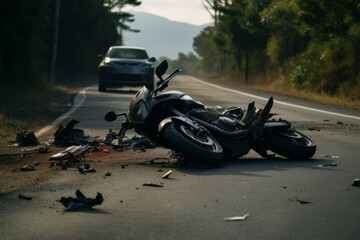 Destroyed motorcycle on the road, accident outside of town - obrazy, fototapety, plakaty