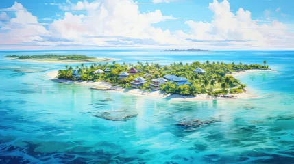 oil painting on canvas, Maldives paradise scenery. Tropical aerial landscape, water villas with amazing sea and lagoon beach, tropical nature. Exotic tourism destination banner, summer vacation. © ImagineDesign