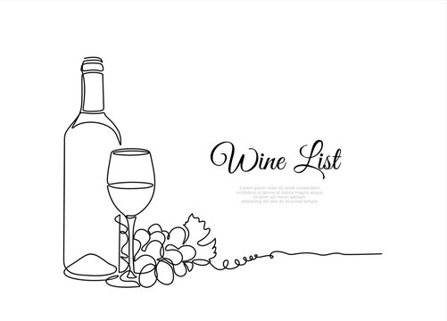 Bottle of wine with wineglass and grape bunch in continuous line art drawing style. Wine list. Minimalist black linear sketch isolated on white background. Vector illustration