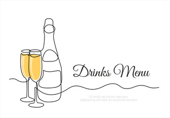 Continuous one line drawing of champagne bottle and glasses. Drinks menu. Concept of cheers, toast, holiday in line art style. Illustration on white background